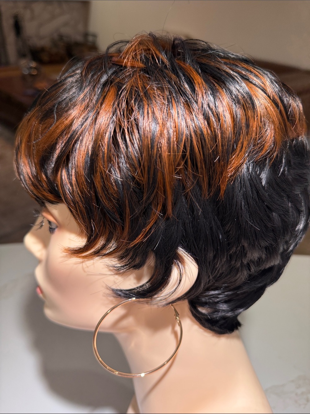 HAIR, Pixie Cut with Bangs, Black with Copper/Carmel highlights - Picture 3 of 13